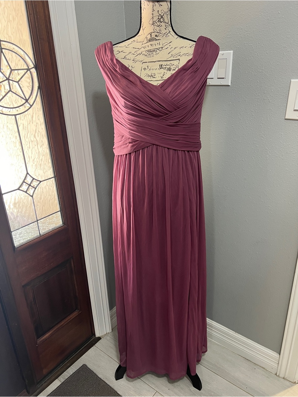 David's Bridal Mauve Pink Off-the-Shoulder Ruched Bridesmaid Dress